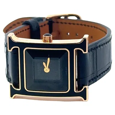 Pre-owned Hermes 18k Yellow Gold  1990s Gold 7 Black Enamel Watch Heure H - 37.50gram