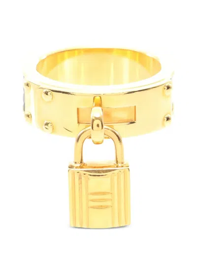 Pre-owned Hermes 1910skelly Padlock Leather Scarf Ring In Gold