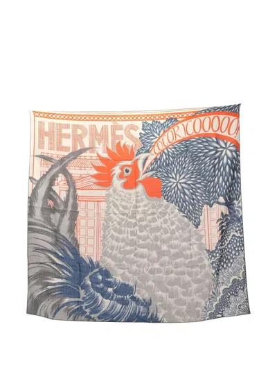 Pre-owned Hermes 1920 Cocoricooooo! 100 Scarf In Gray