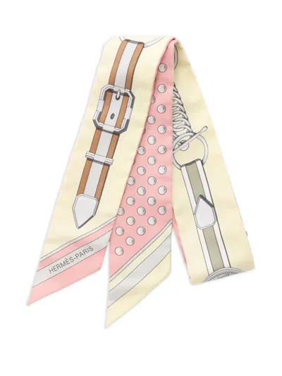 Pre-owned Hermes 1920s Grand Tralala Pearl-print Ribbon Scarf In Neutral