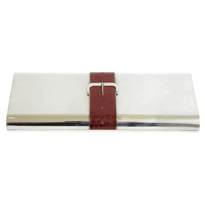 Pre-owned Hermes 1960's Vintage Italian Silver Plate Hinged Box With Burgundy Crocodile Buckle In Red