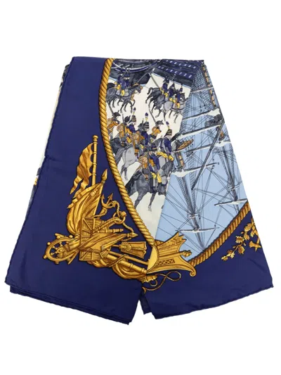 Pre-owned Hermes 1960-1980 Marine Et Cavalerie Silk Scarf 90 Scarves In Blue