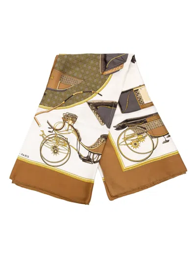 Pre-owned Hermes 1965 Les Voitures A Transformation Silk Scarf 90 Scarves In Brown