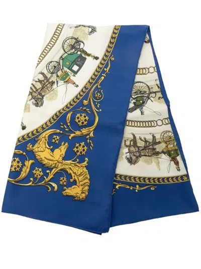 Pre-owned Hermes 1965-2000 La Promenade De Longchamps Silk Scarf 90 Scarves In Blue