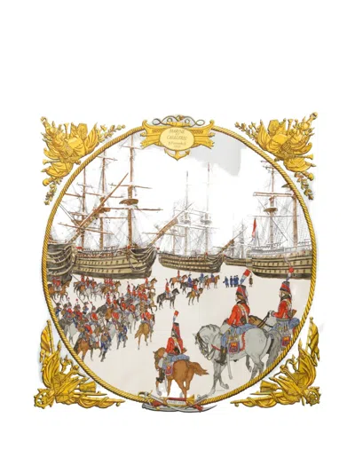 Pre-owned Hermes 1966 Marine Et Cavalerie Silk Scarf In Neutral