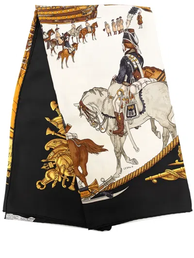 Pre-owned Hermes 1966-1967 Marine Et Cavalerie Silk Scarf 90 Scarves In Orange