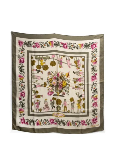 Pre-owned Hermes 1967 Les Jardiniers Du Roy Floral-print Silk Scarf In Neutral