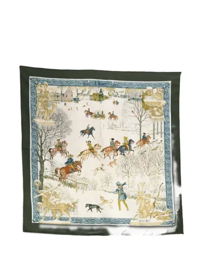 Pre-owned Hermes 1970s L'hiver Silk Scarf In Green