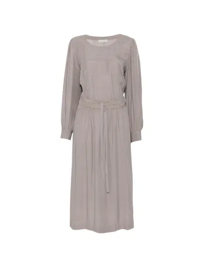 Pre-owned Hermes 1970s Logo-print Belted Silk Midi Dress In 灰色