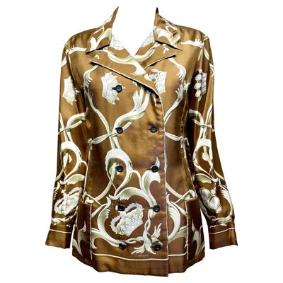 Pre-owned Hermes Hermès 1970s Vintage Women's Brown Cream Silk Print Blazer Jacket In White