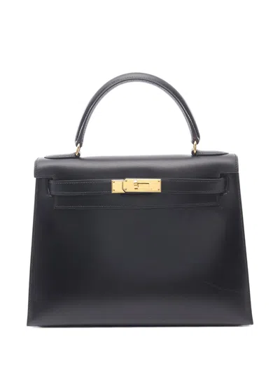 Pre-owned Hermes 1971 Box Calf Kelly I Sellier 28 Handbag In Black