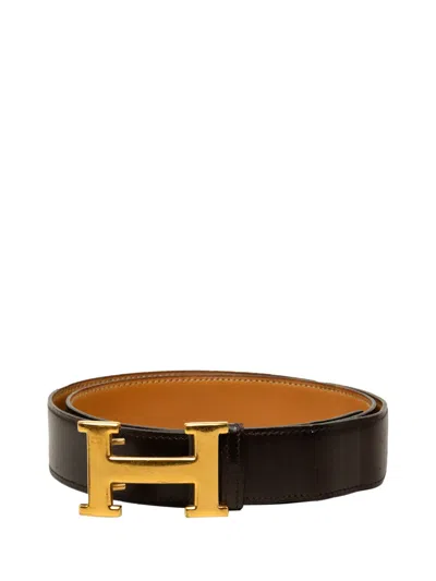 Pre-owned Hermes 1977 Box Calf And Togo Constance H Reversible Belt In Black