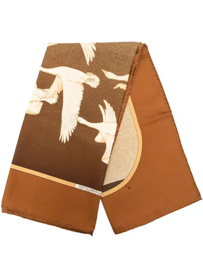 Pre-owned Hermes 1977 Oiseaux Migrateurs Silk Scarf Scarves In Brown