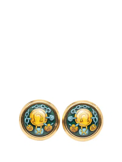 Pre-owned Hermes 1980-1990 Enamel Cloisonne Clip On Earrings Costume Earrings In Green