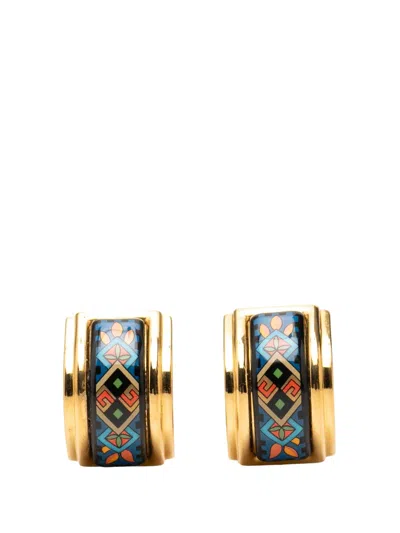 Pre-owned Hermes 1980-1990 Gold Plated Enamel Cloisonne Clip On Earrings Costume Earrings In Blue