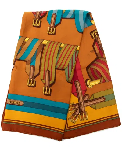 Pre-owned Hermes 1980-1990 Les Sangles Silk Scarf 90 Scarves In Brown