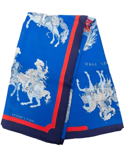 Pre-owned Hermes 1980-2000 Carrousel Silk Scarf 90 Scarves In Blue