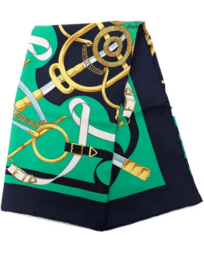 Pre-owned Hermes 1980-2000 Eperon D Or Silk Scarf 90 Scarves In Green