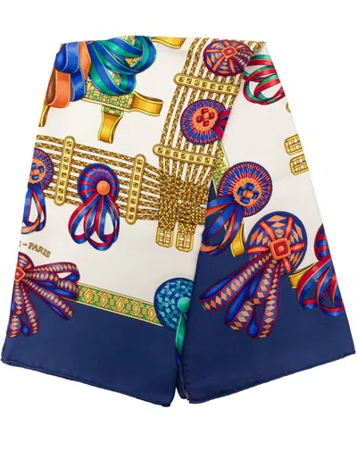 Pre-owned Hermes 1980-2000 Les Rubans Du Cheval Silk Scarf 90 Scarves In Blue