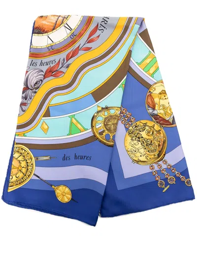 Pre-owned Hermes 1980-2000 Parmi Les Fleurs Je Compte Les Heures Silk Scarf 90 Scarves In Blue