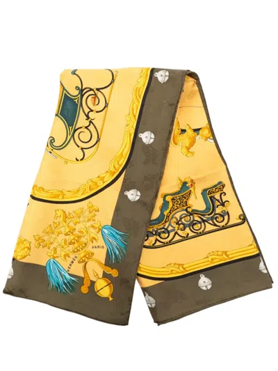 Pre-owned Hermes 1980-2000 Plumes Et Grelots Silk Scarf 90 Scarves In Yellow