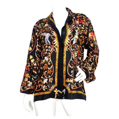Pre-owned Hermes 1980s Floral And Bird Print Silk Button-up Long-sleeve Shirt In Black