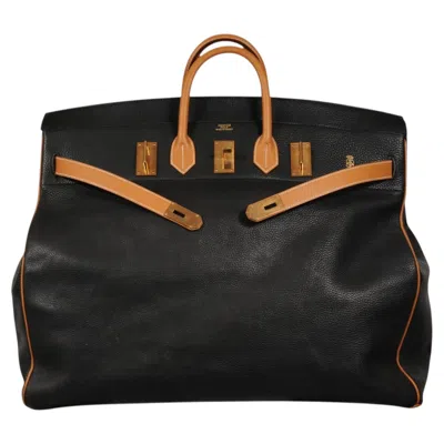 Pre-owned Hermes 1980s Haut À Courroies Hac 60 Black Natural Tan Vache Fjord Box Calf Gold