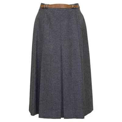 Pre-owned Hermes 1980s  Grey Wool Skirt With Leather Detail In Gray