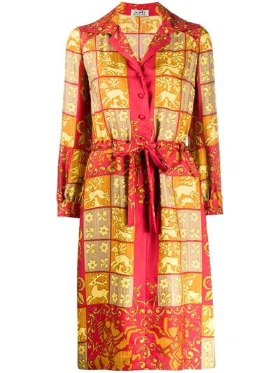 Pre-owned Hermes 1980s  Silk Printed Shirt Dress In Yellow