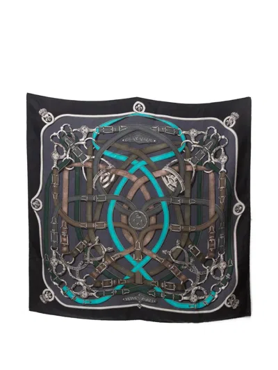 Pre-owned Hermes 1981 Cavalcadour Silk Scarf In Black