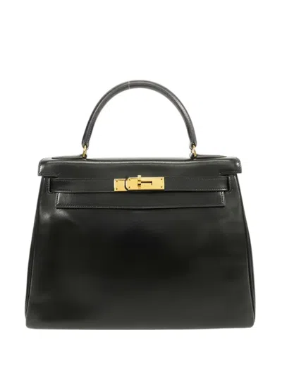 Pre-owned Hermes 1982 Box Calf Kelly Retourne 28 Satchel In Black