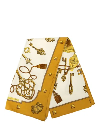 Pre-owned Hermes 1986-1998 Keys Les Cles Silk Scarf Scarves In White