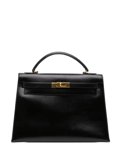 Pre-owned Hermes 1986 Box Calf Kelly Sellier 32 Satchel In Black