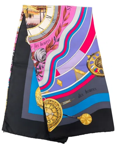 Pre-owned Hermes 1986 La Ronde Des Heures Silk Scarf 90 Scarves In Black