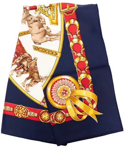 Pre-owned Hermes 1986-1999 Chevaux De Trait Silk Scarf 90 Scarves In Blue