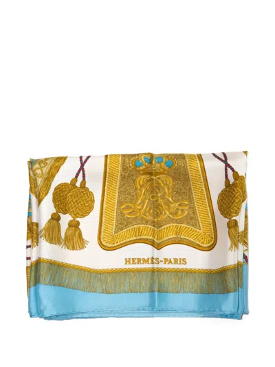 Pre-owned Hermes 1987 Poste Et Cavalerie Silk Scarf In Blue