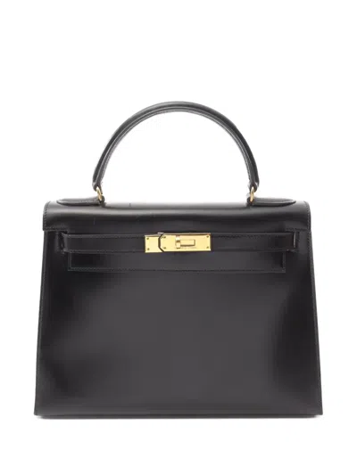 Pre-owned Hermes 1988 Box Calf Kelly Sellier 28 Satchel In Black