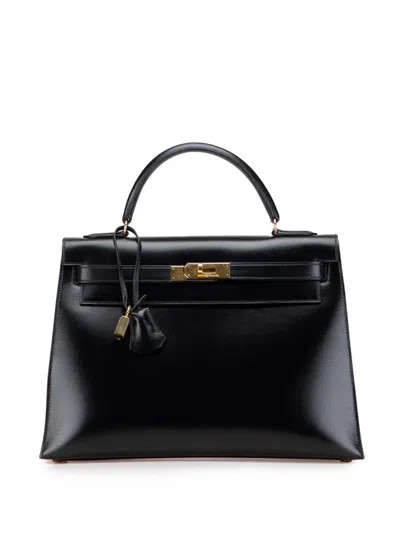 Pre-owned Hermes 1988 Box Calf Kelly Sellier 32 Satchel In Black
