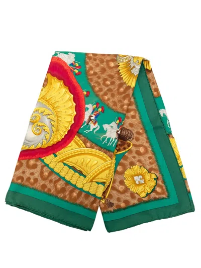 Pre-owned Hermes 1989 Casques Et Plumets Silk Scarf 90 Scarves In Green