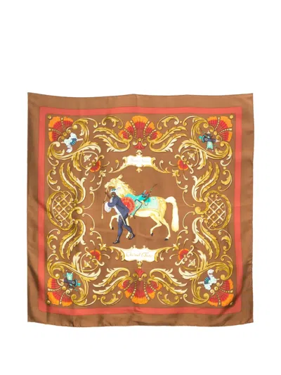 Pre-owned Hermes 1989 Cheval Turc Silk Scarf In Brown