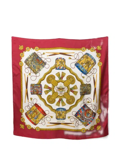 Pre-owned Hermes 1989 Les Tambours Silk Scarf In Red