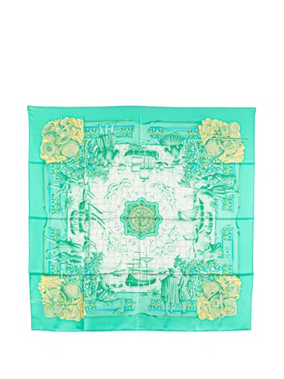 Pre-owned Hermes 1990-1998 Azulejos Silk Scarf Scarves In Green