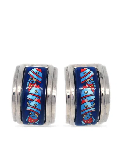 Pre-owned Hermes 1990-2000s Enamel Cloisonne Clip-on Earrings In Silver