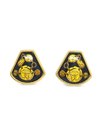Pre-owned Hermes 1990-2000s Enamel Cloisonne Slip-on Earrings In Gold