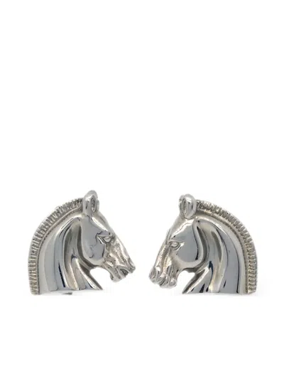Pre-owned Hermes 1990-2000s Horse Head Clip-on Earrings In Silver
