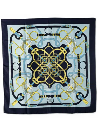 Pre-owned Hermes 1990-2010 Eperon D'or Silk Scarf Scarves In Blue