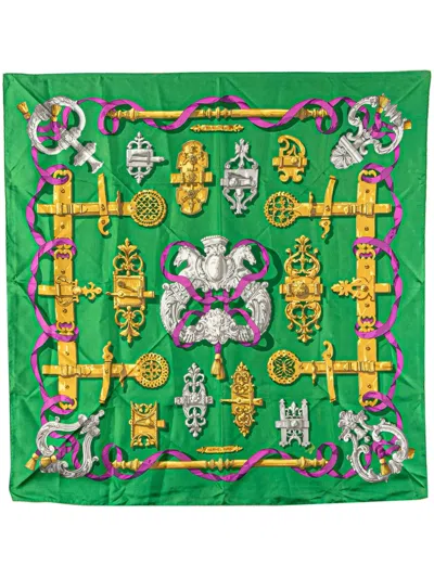 Pre-owned Hermes 1990-2010 Ferronnerie Printed Silk Scarf Scarves In Green