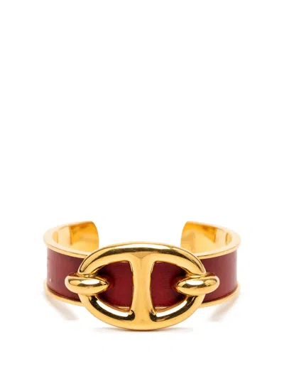 Pre-owned Hermes 1990-2010 Gold Plated And Leather Chaine D Ancre Cuff Bracelet Costume Bracelet