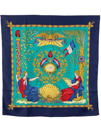 Pre-owned Hermes 1990-2010 Republique Francaise Liberte Egalite Fraternite 1789 Silk Scarf Scarves In Blue