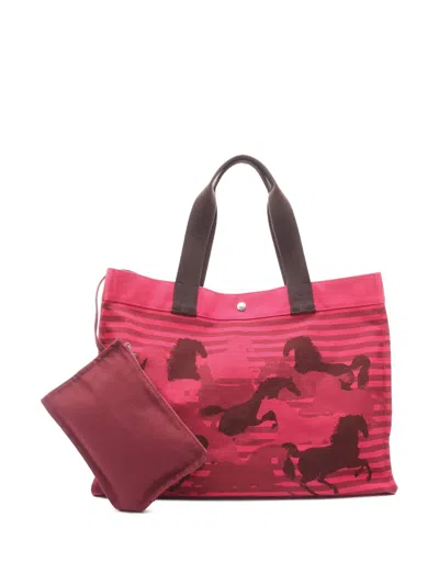 Pre-owned Hermes 1990-2010 Toile Chevaux En Camouflage Beach Tote Bag In Pink
